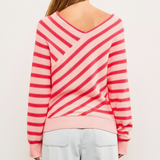 Back view of the Cross Stripe V Neck Sweater Top, featuring a wrap-style diagonal stripe design in pink and red tones.