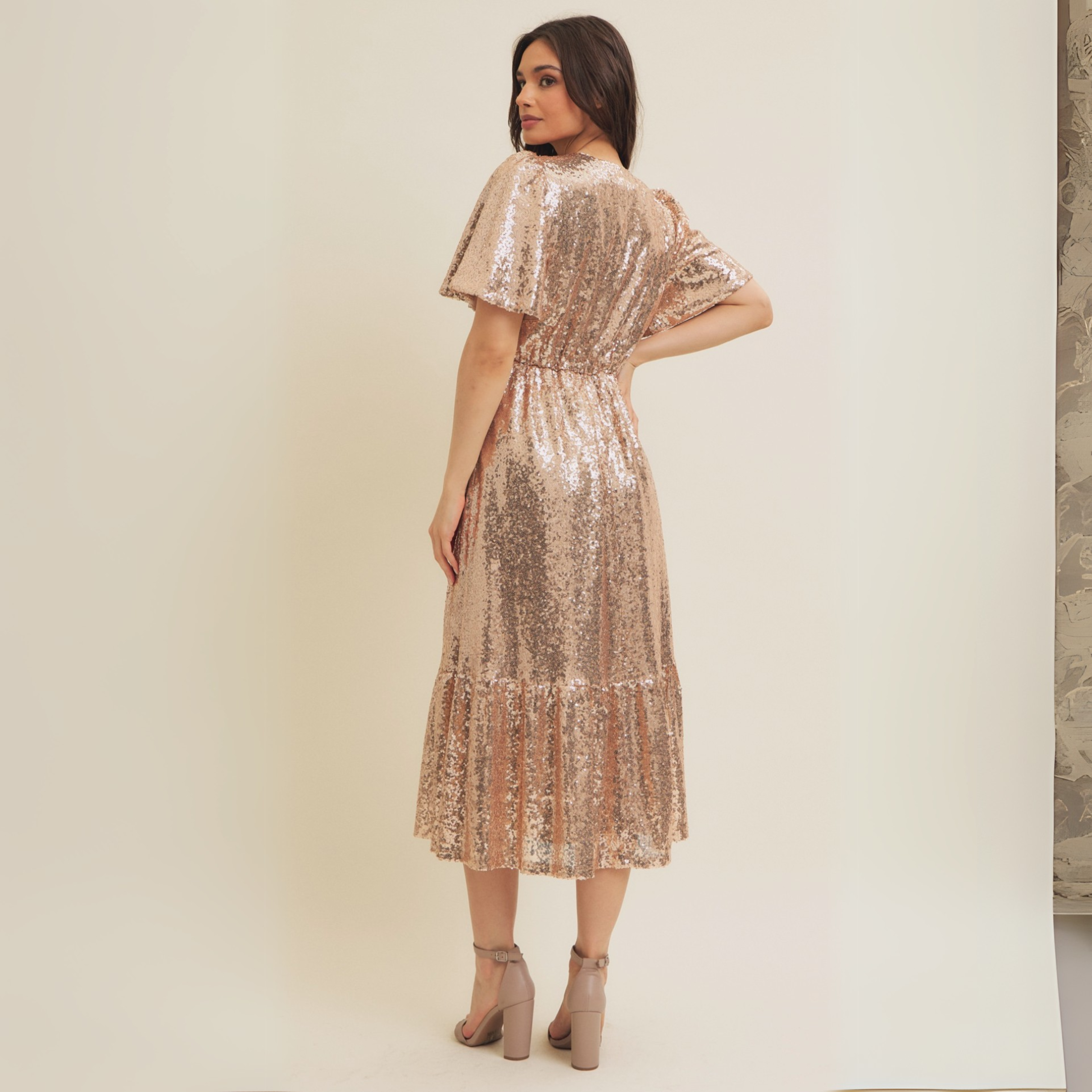 Sparkling Long Sleeved Sequin Midi Dress