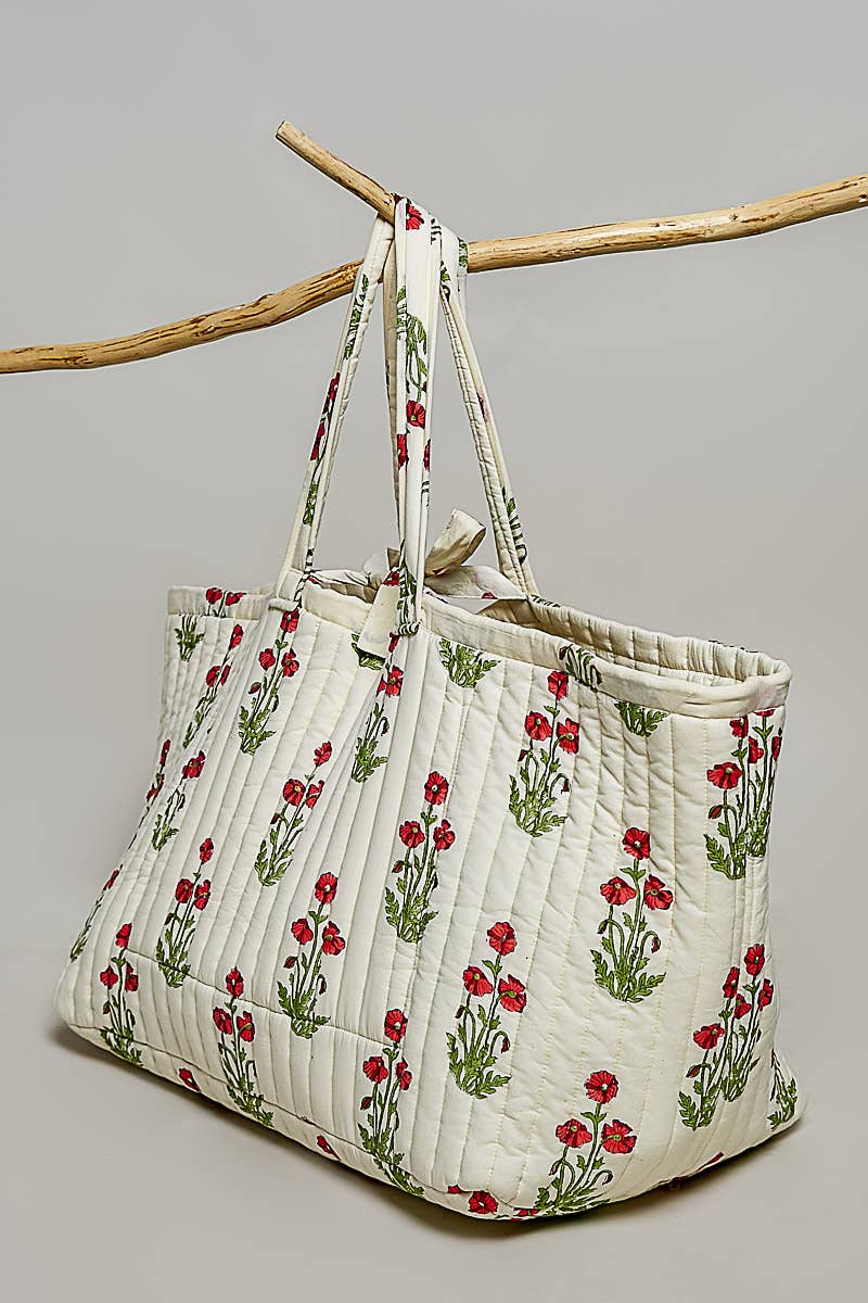 Ribbon-Tie Quilted Floral Jumbo Tote Bag