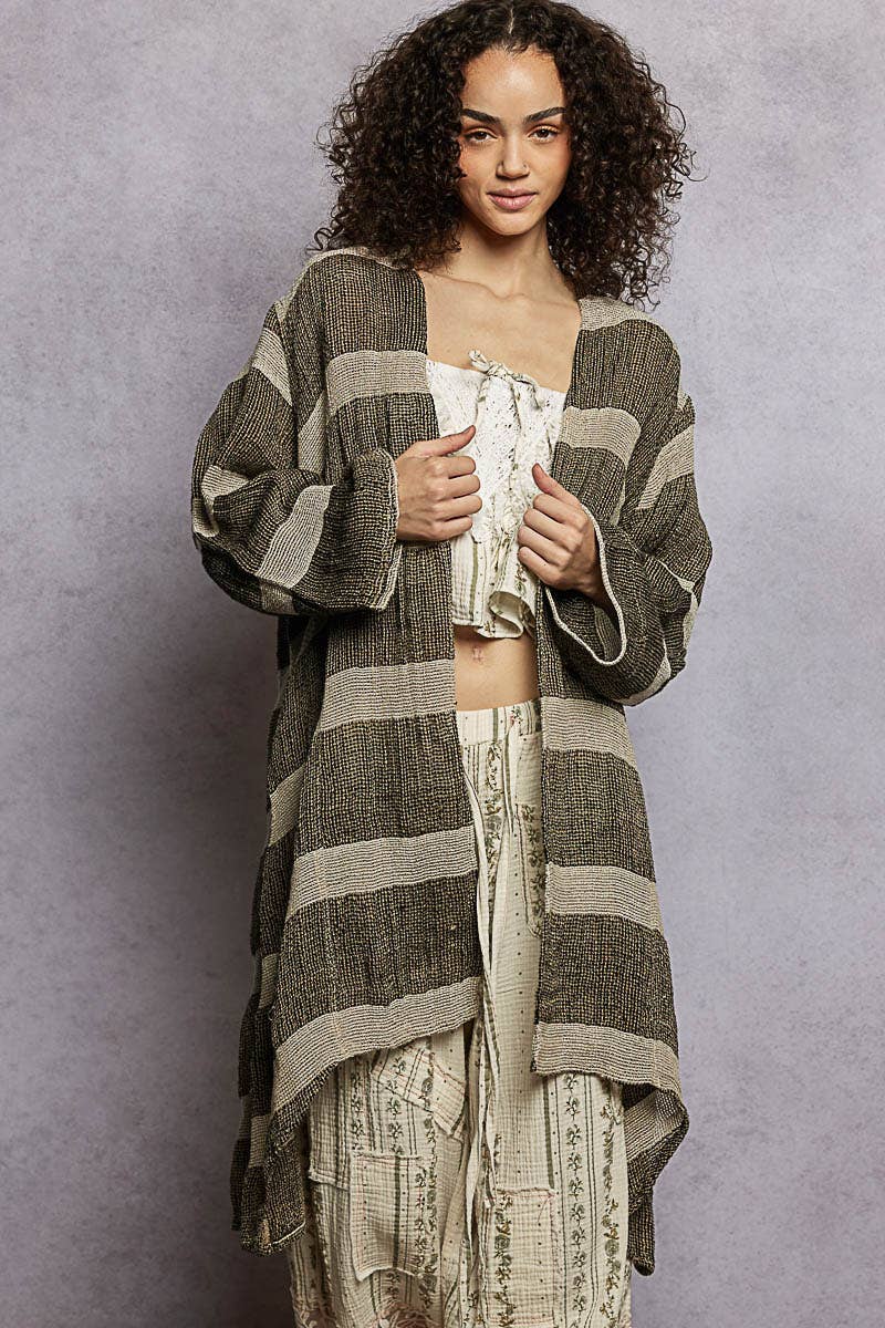 3/4 Sleeve Stripe Linen Open Cardigan
