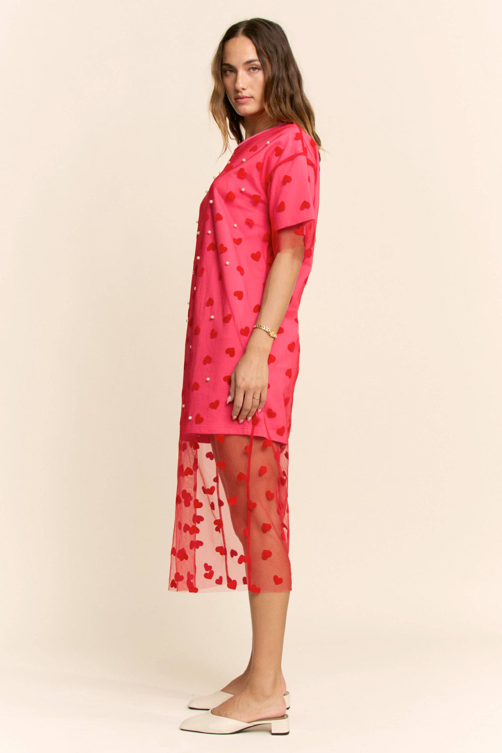 HEART MESH LAYERED T SHIRT DRESS