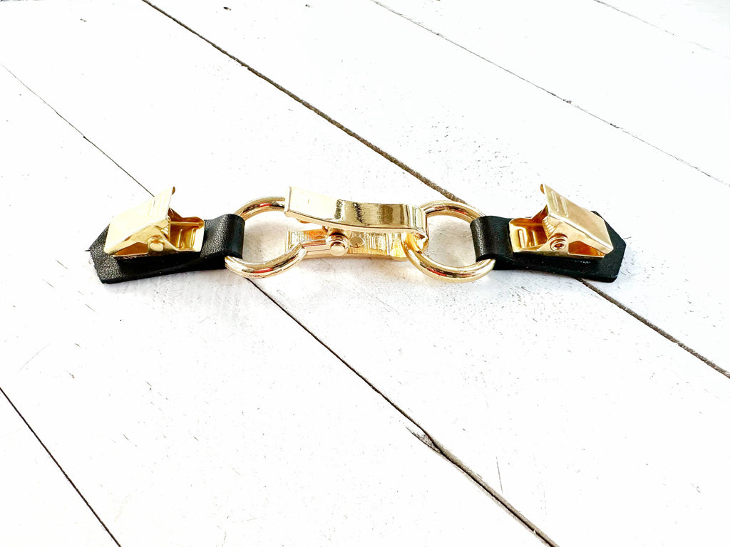 Gold Buckle & Black Leather Cinch Clip for Dress, Cardigan