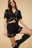 Floral Embroidery Crop Tie Blouse