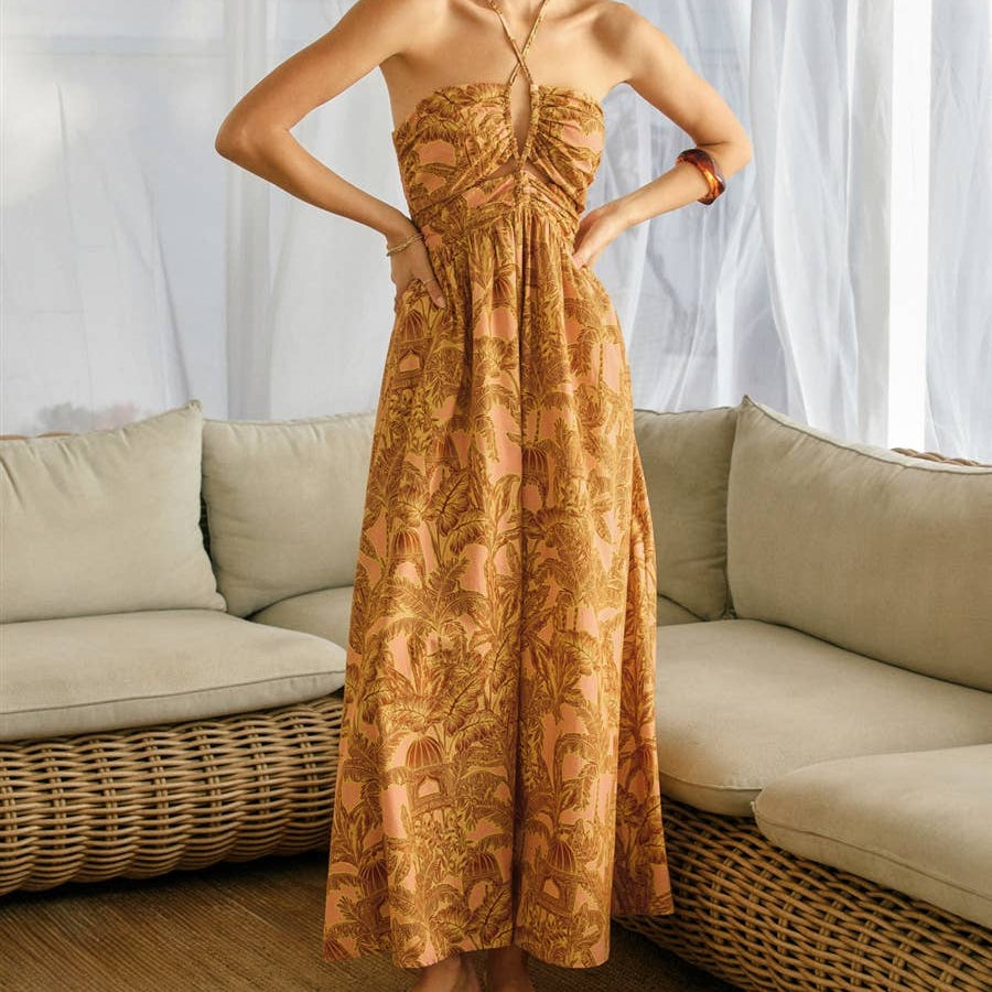 Sunwashed Palm Cut Out Halter Maxi Dress
