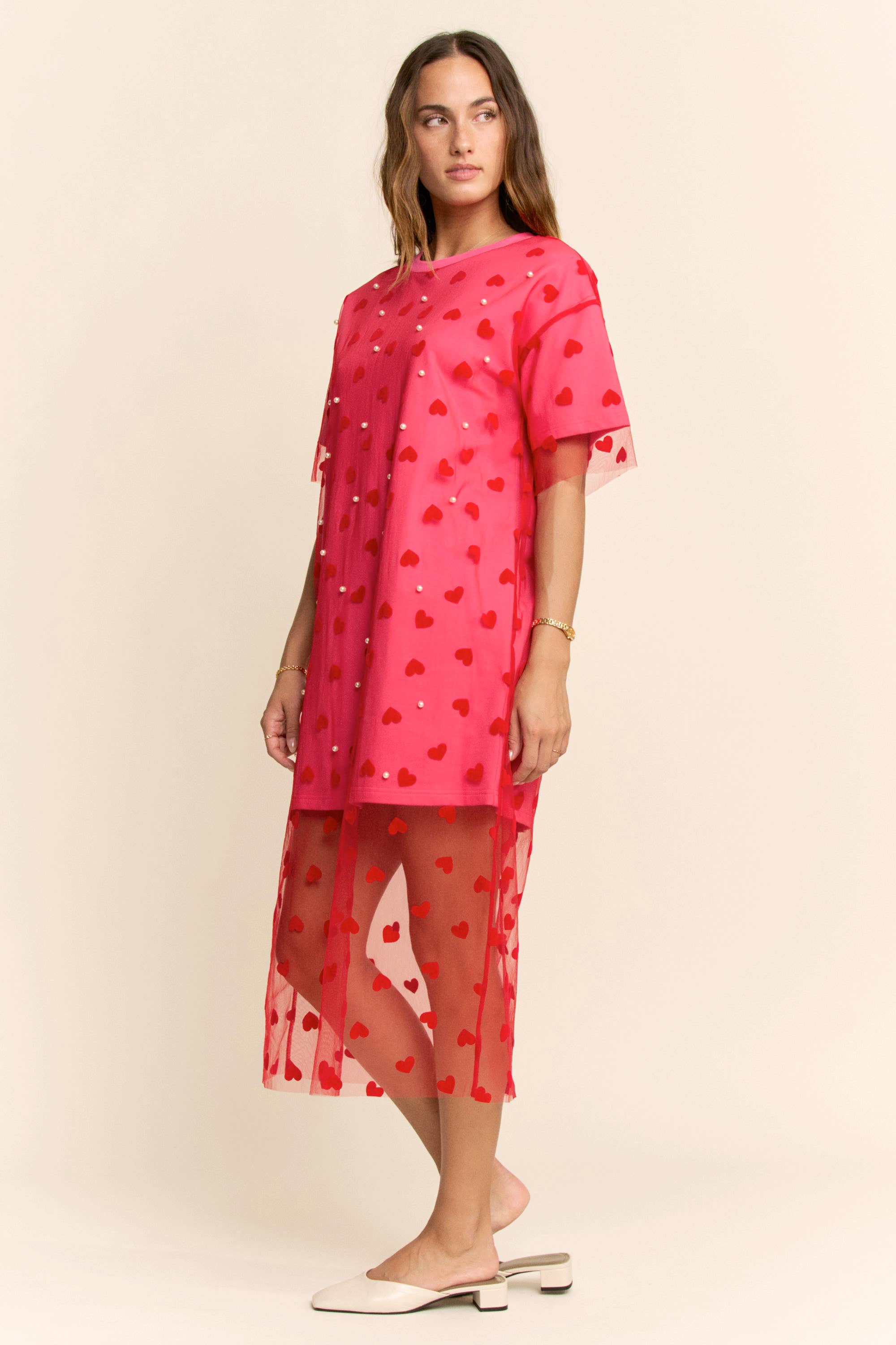 HEART MESH LAYERED T SHIRT DRESS