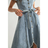 FRONT BUTTON DOWN ASYMMETRICAL DENIM DRESS