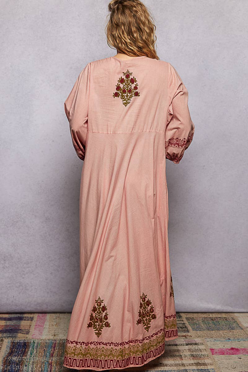 Embroidered Floral Print V-Neck Balloon Sleeve Maxi Dress