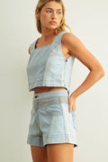 DENIM COLOR BLOCKED SLEEVELESS TOP