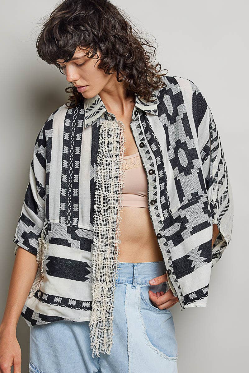 Raw Edge Paneled Oversized Button-Down Shirt