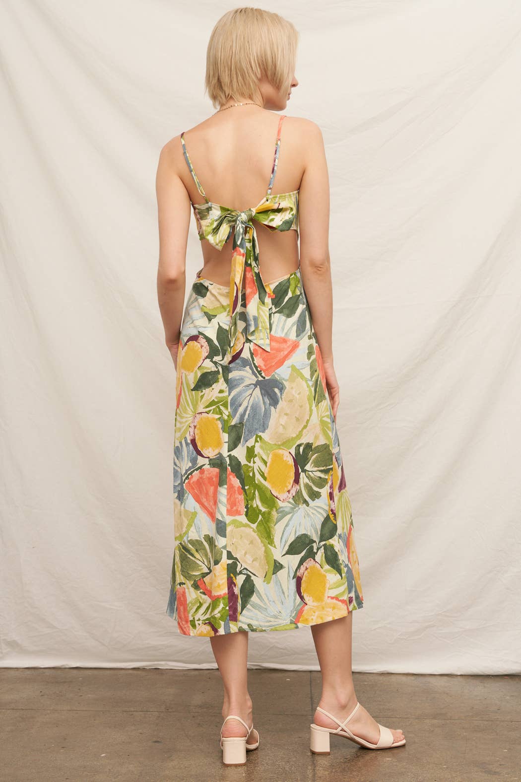 Tropical Fruit Print Sleeveless Midi Dress with Tie-Back
