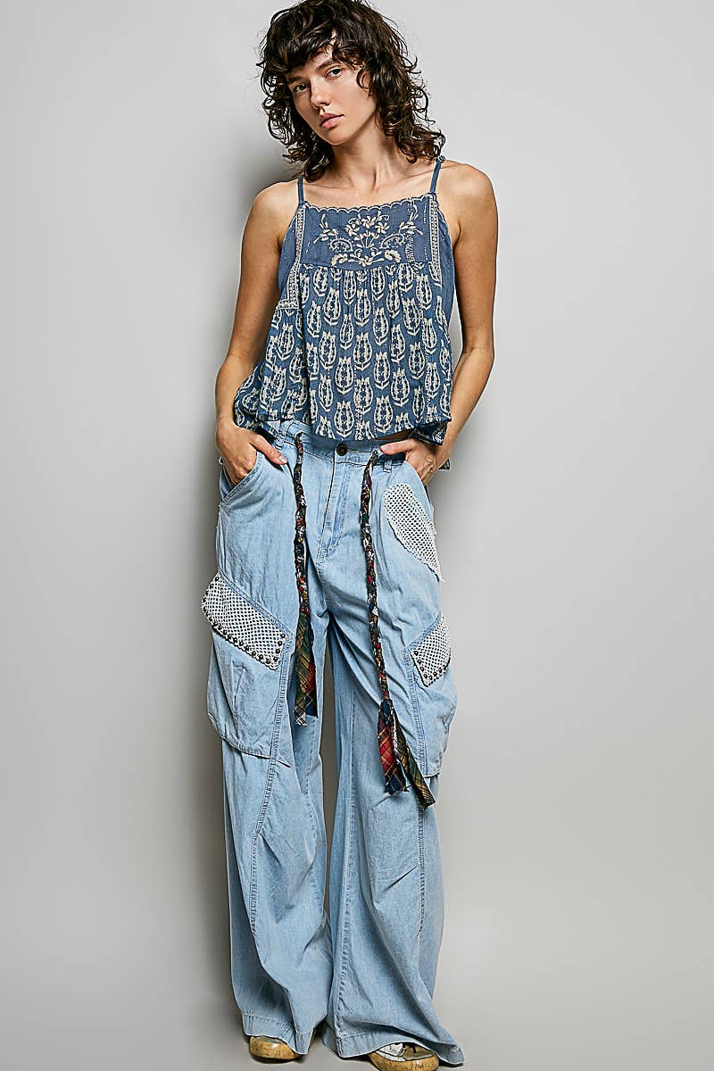 Spaghetti Strap Camisole Printed Embroidered Woven Top