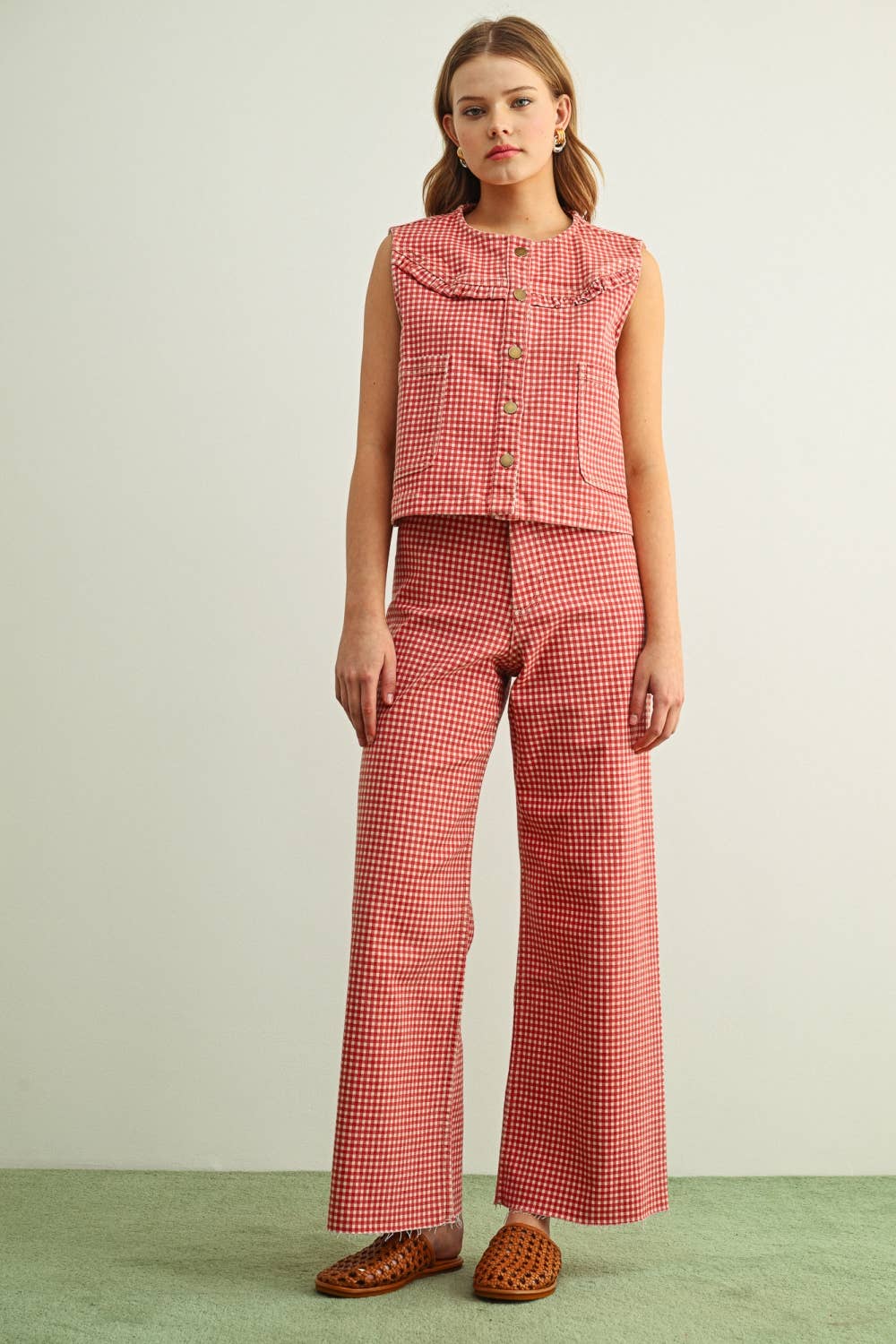 J6362ST GINGHAM PRINTED BUTTON FRONT VEST