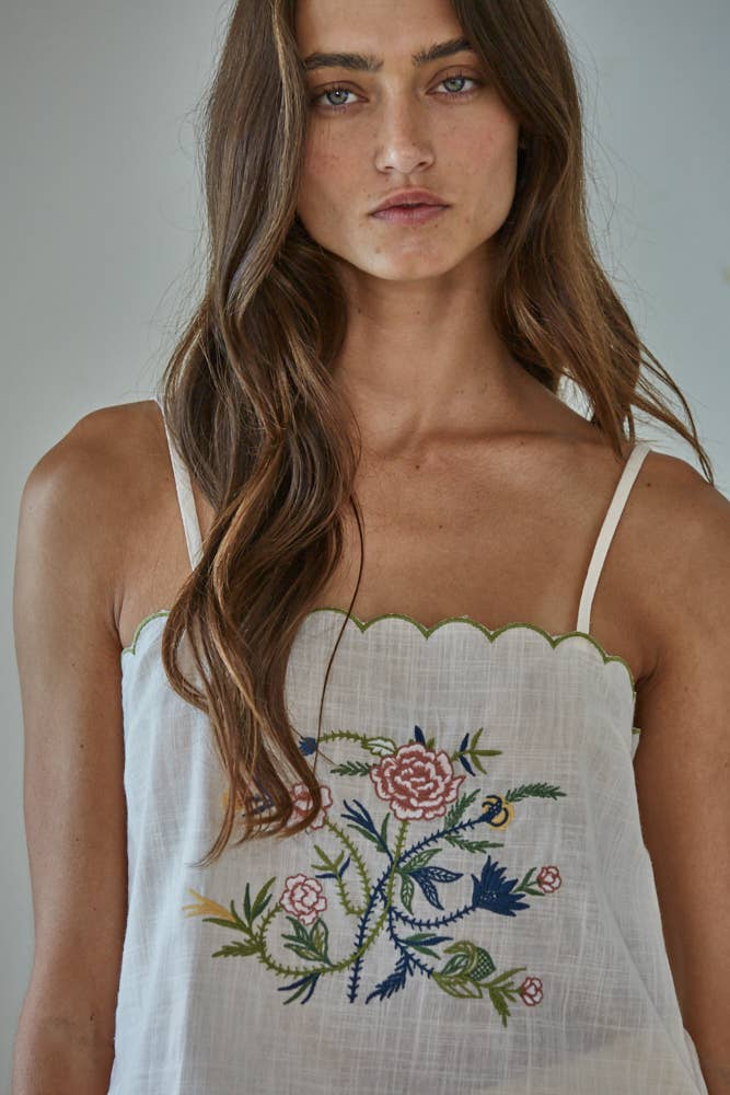 Woven Cotton Embroidered Sleeveless Top