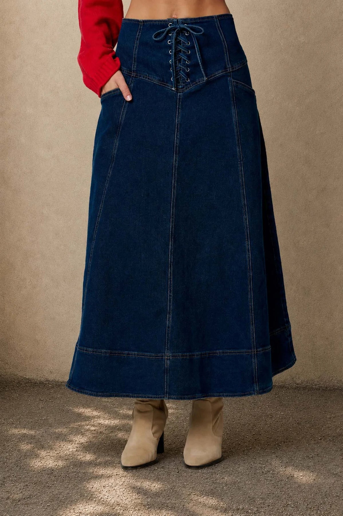 Willow Lace-Up Denim Midi Skirt