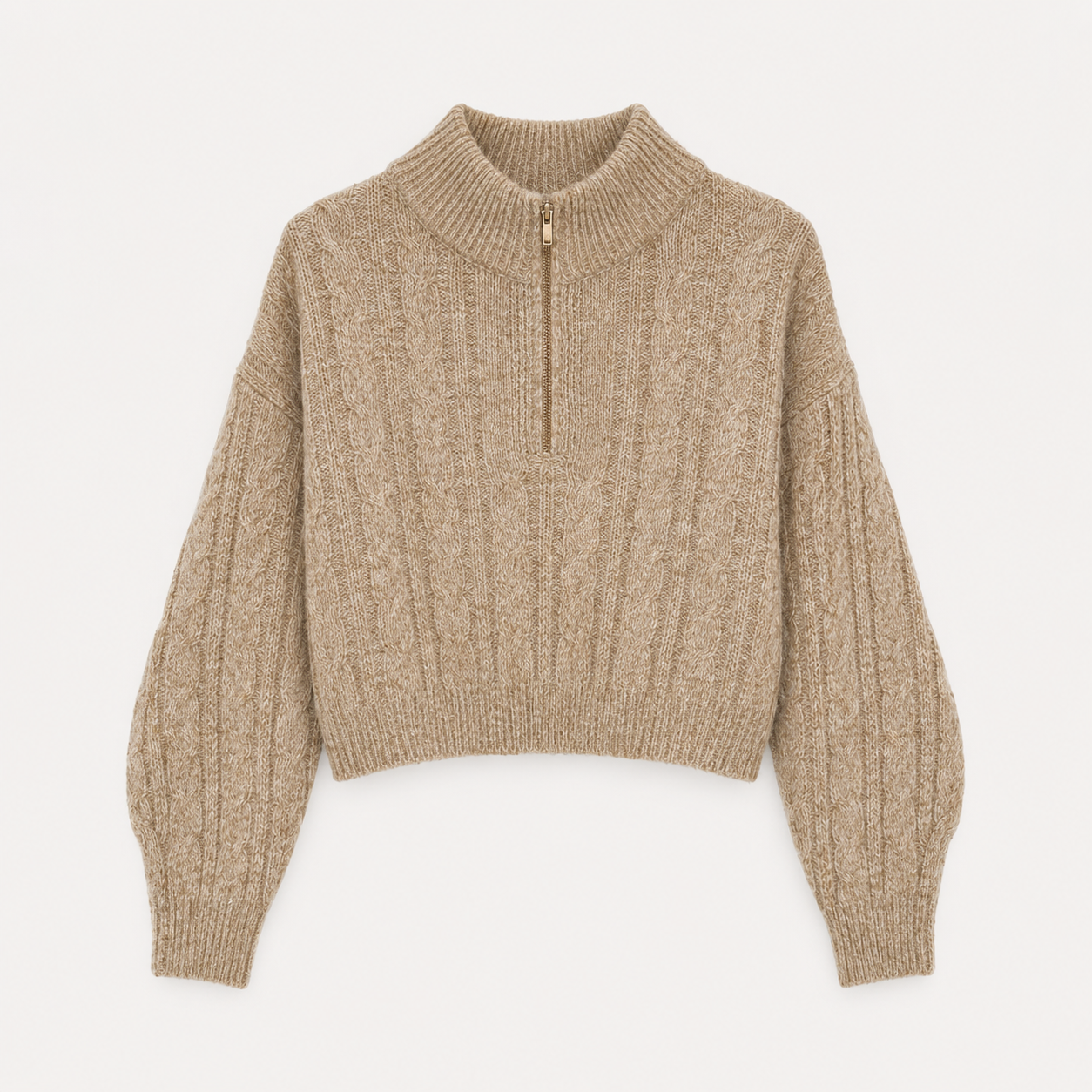 Farrah High Neck Zip-Up Cable Knit Sweater - Mustard