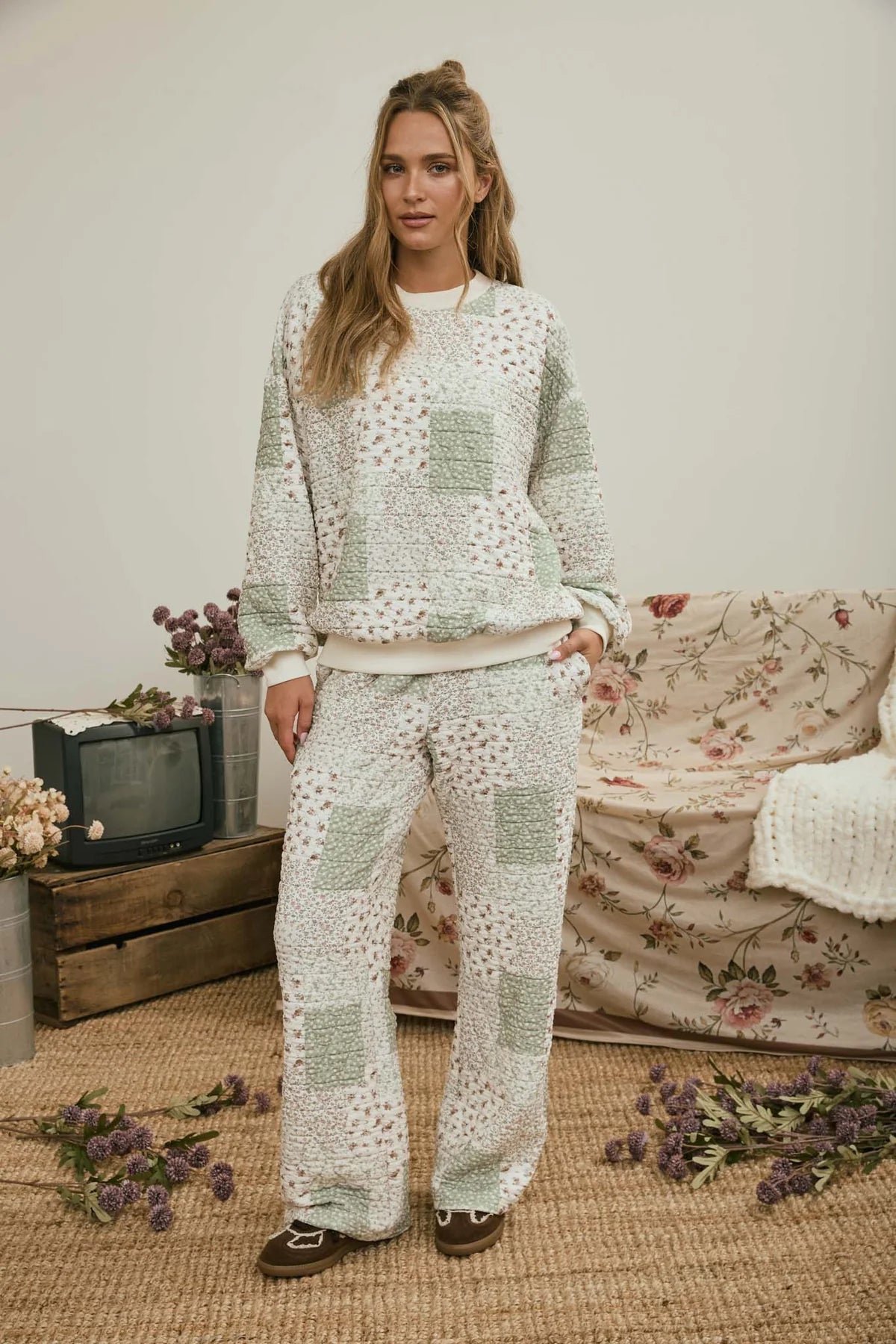 Jemma Patchwork Floral Quilted Knit Lounge Pants- 2 Colors