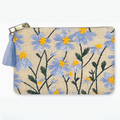 Front view of fabric pouch featuring hand-embroidered periwinkle flowers with yellow centers and green stems, complete with a periwinkle tassel zipper.