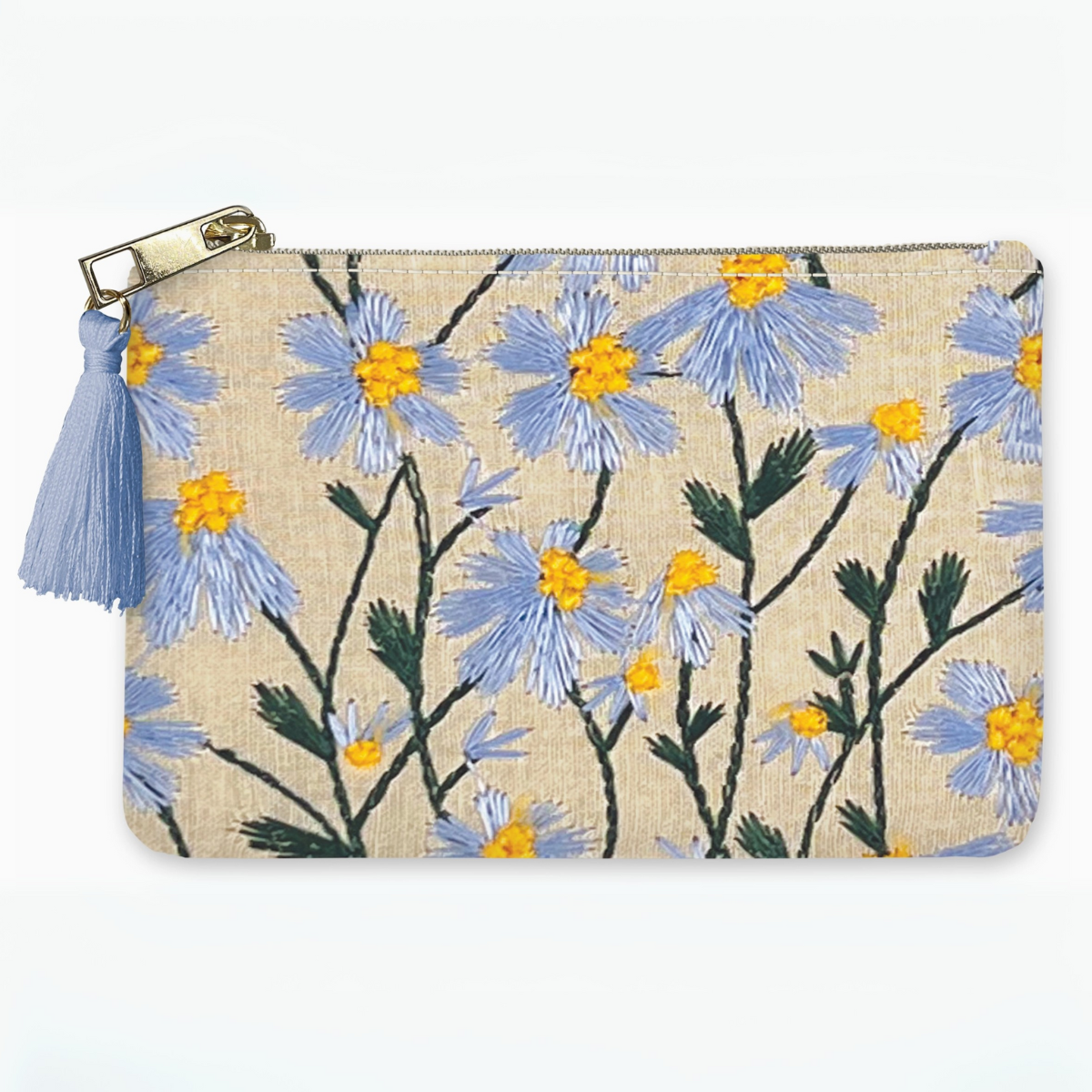 Front view of fabric pouch featuring hand-embroidered periwinkle flowers with yellow centers and green stems, complete with a periwinkle tassel zipper.