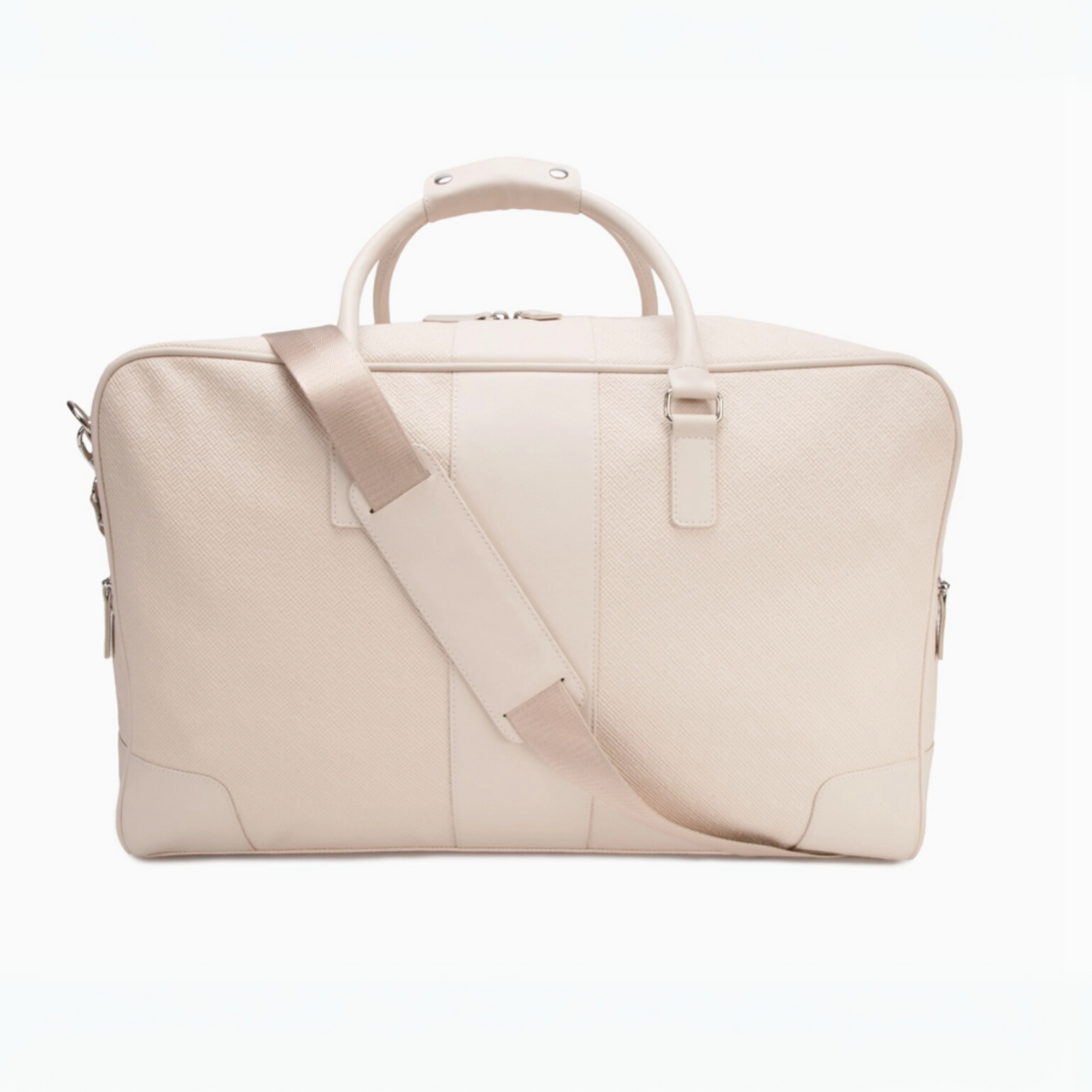 Quinn Beige Duffel Bag with adjustable shoulder strap, top handles, and sleek design for travel, gym, or business trips.