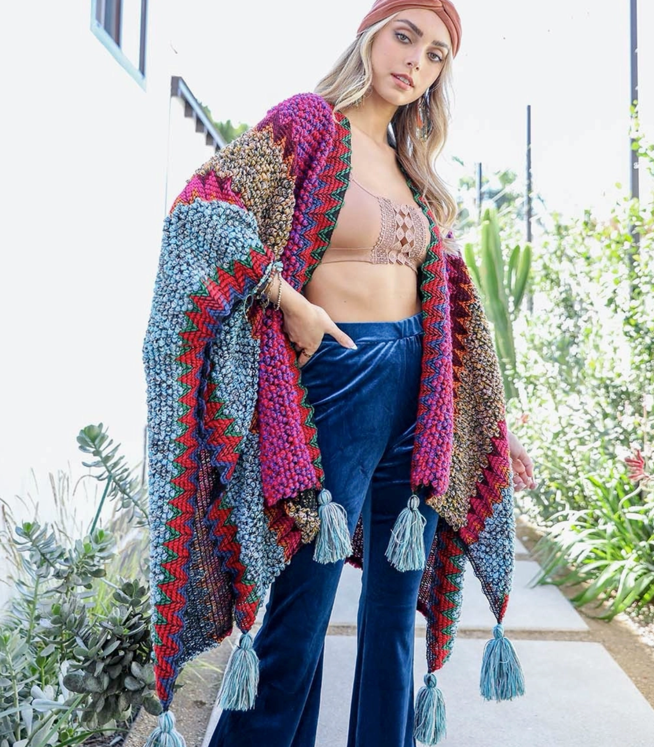 Western Colorful Crochet Patterned Ruana- CLEARANCE