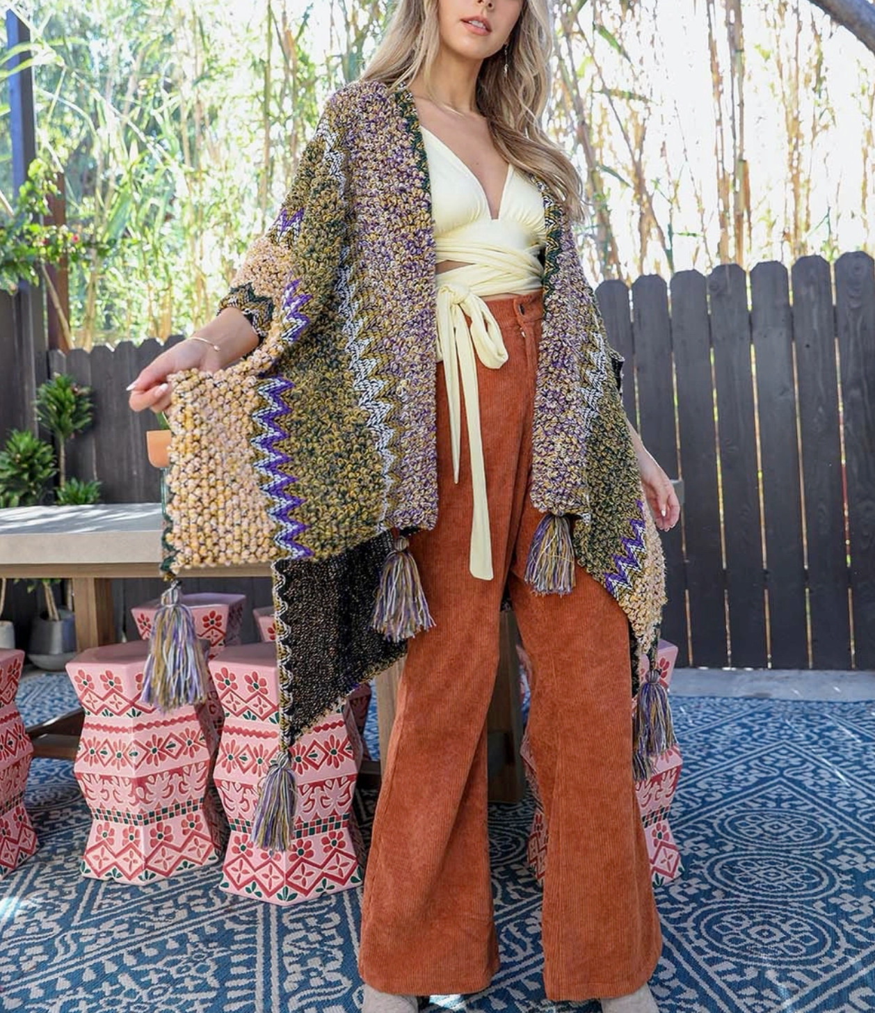 Western Colorful Crochet Patterned Ruana- CLEARANCE