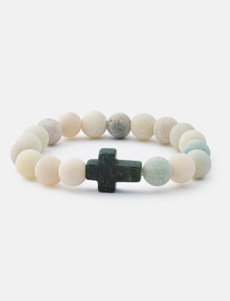 Sandstone Cross Beaded Bracelet featuring matte earth-toned gemstones and a green stone cross centerpiece.