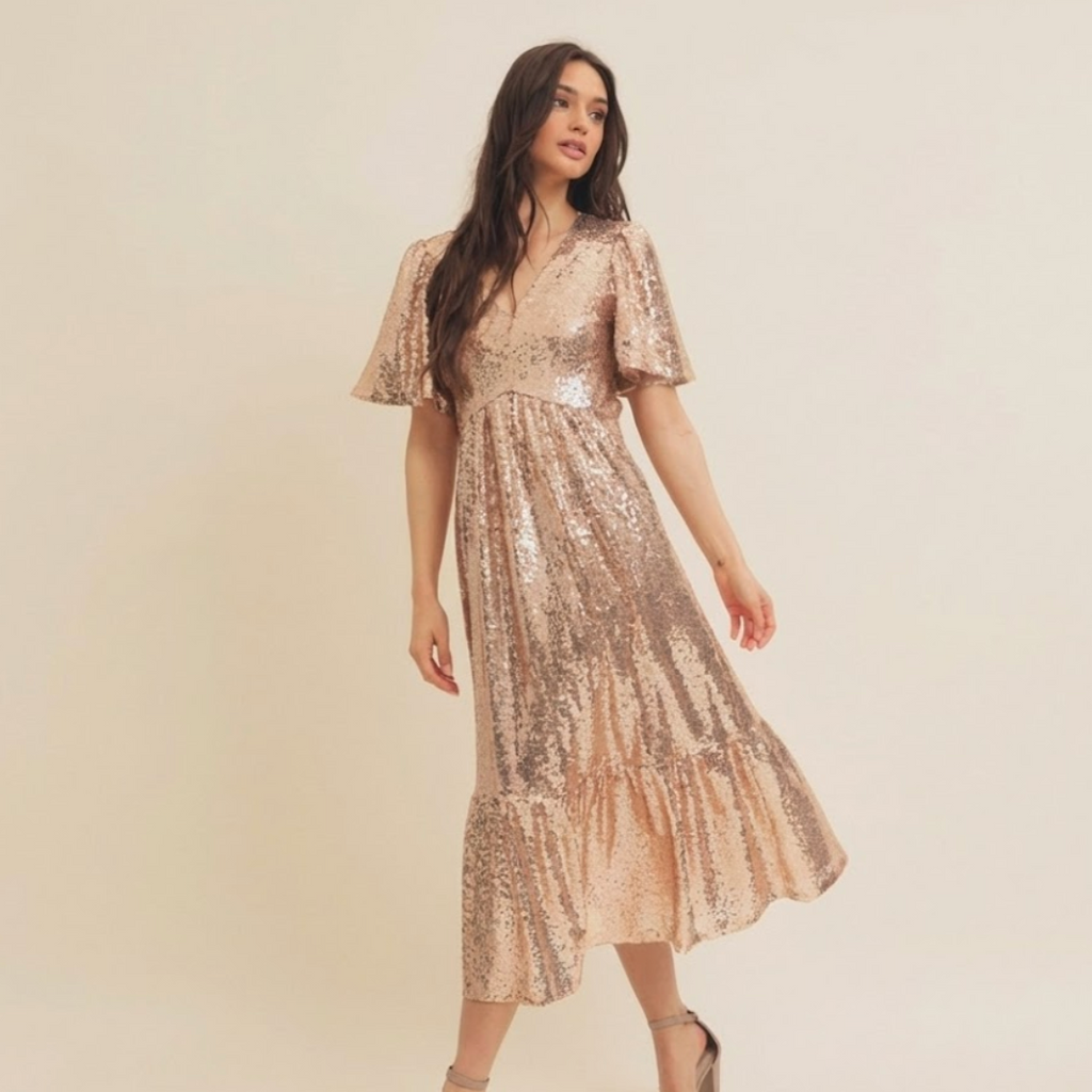 Sparkling Long Sleeved Sequin Midi Dress