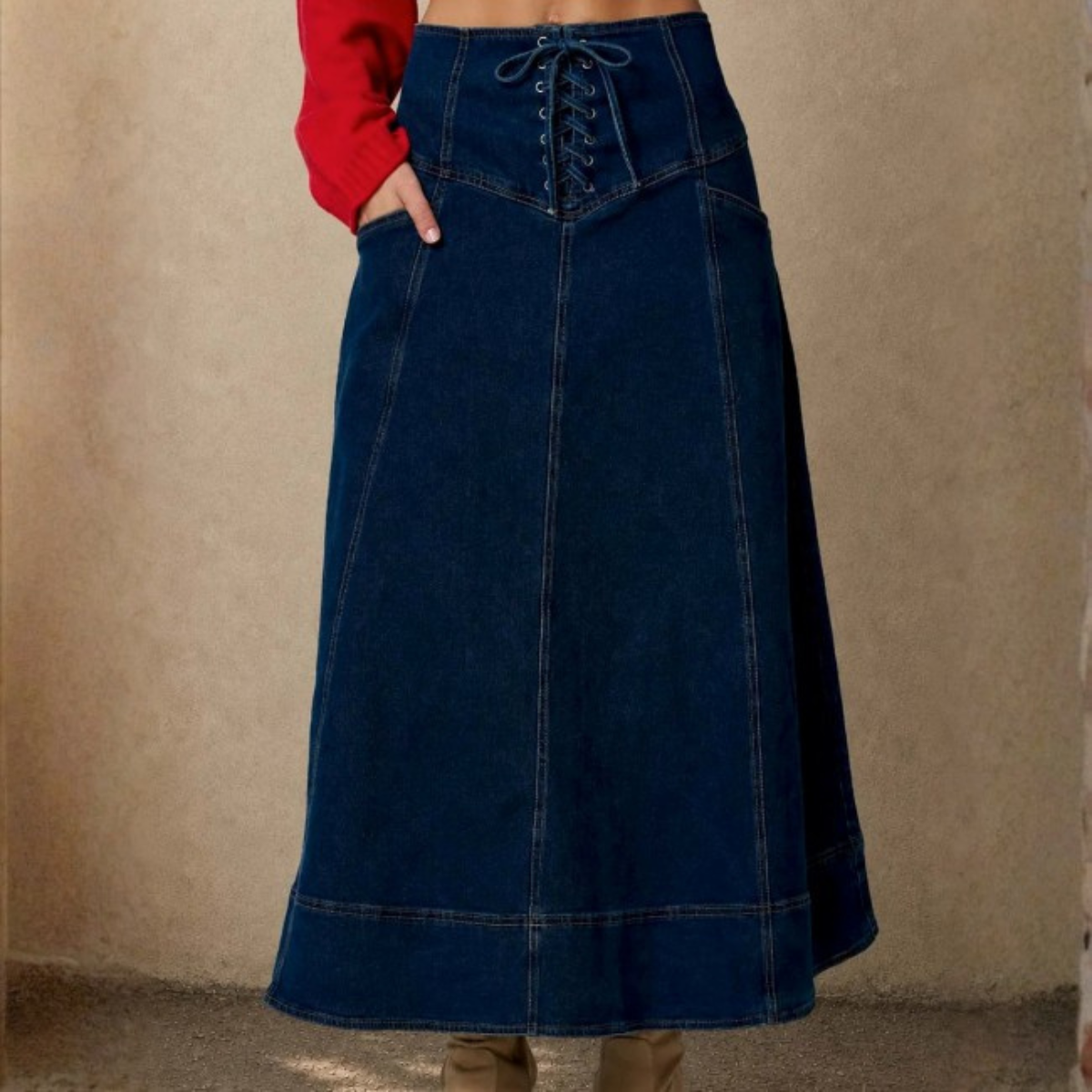 Willow Lace-Up Denim Midi Skirt
