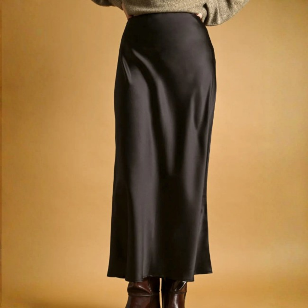 Rowan Black Satin Midi Skirt