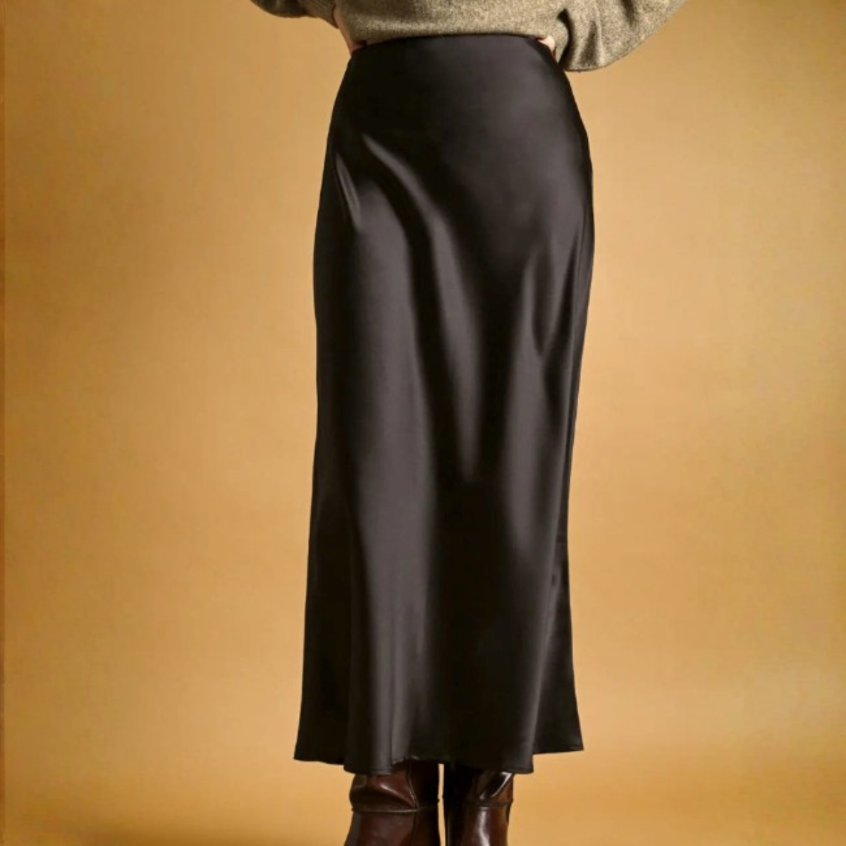 Rowan Black Satin Midi Skirt
