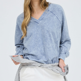 Washed Indigo V Neck Exposed Seam Long Sleeve Knit Top