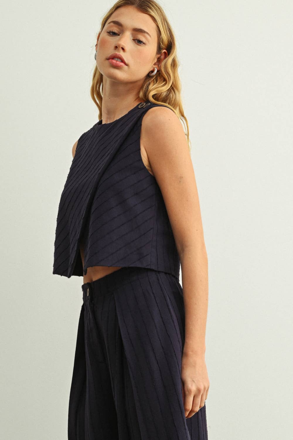 Textured Sleeveless Wood Button Top