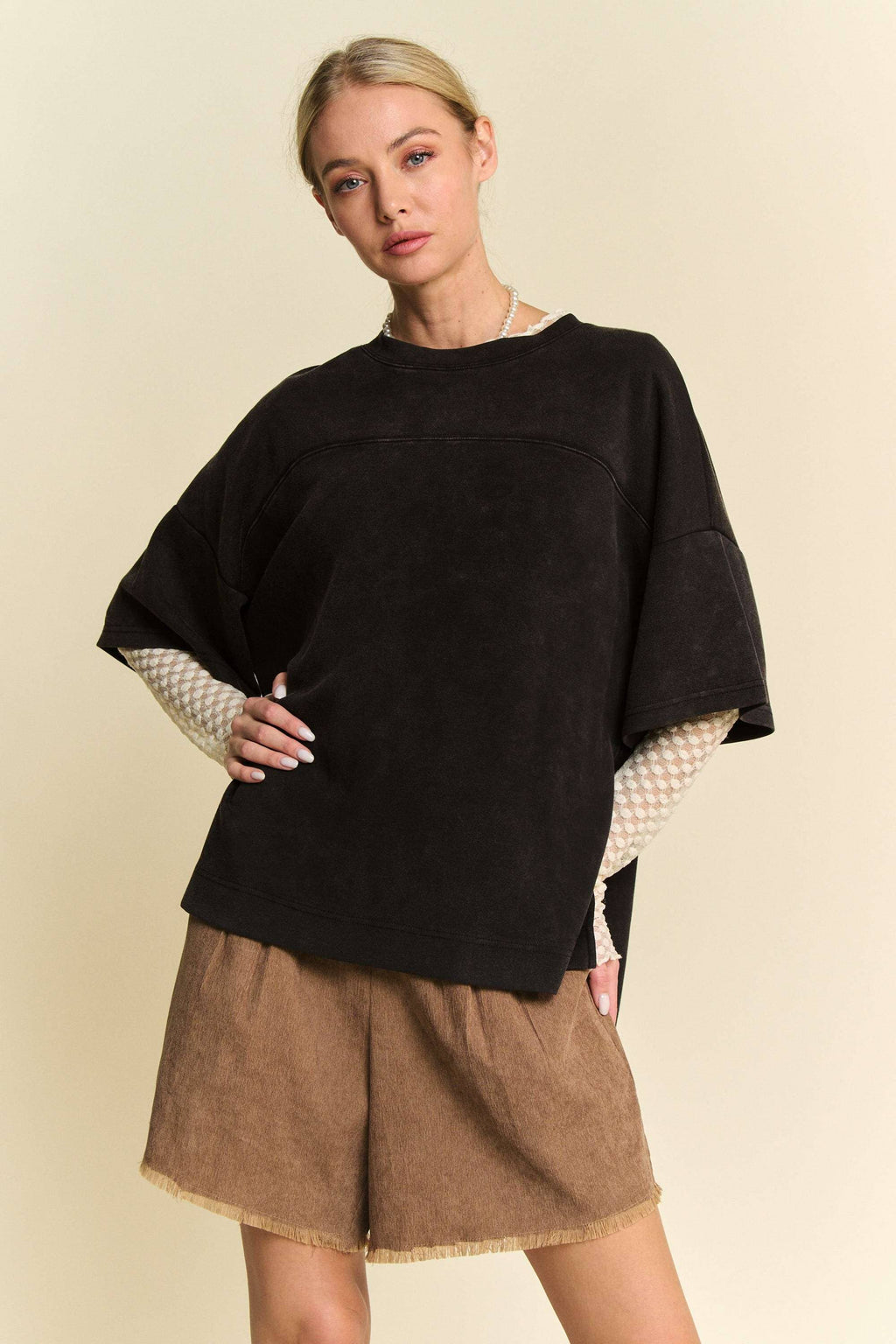 WASHED CREW NECK DROPPED DOLMAN SLEEVES TOP