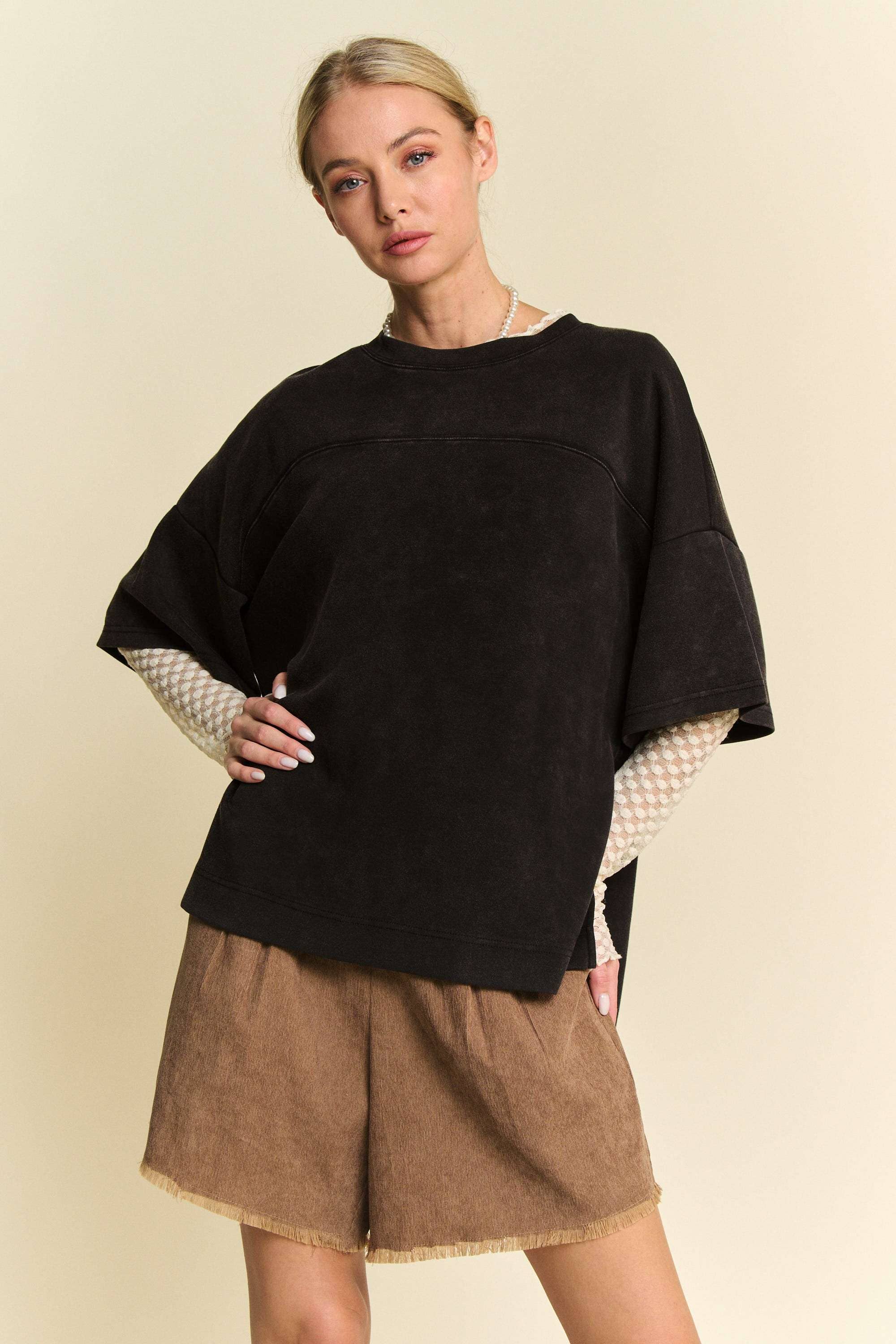 WASHED CREW NECK DROPPED DOLMAN SLEEVES TOP