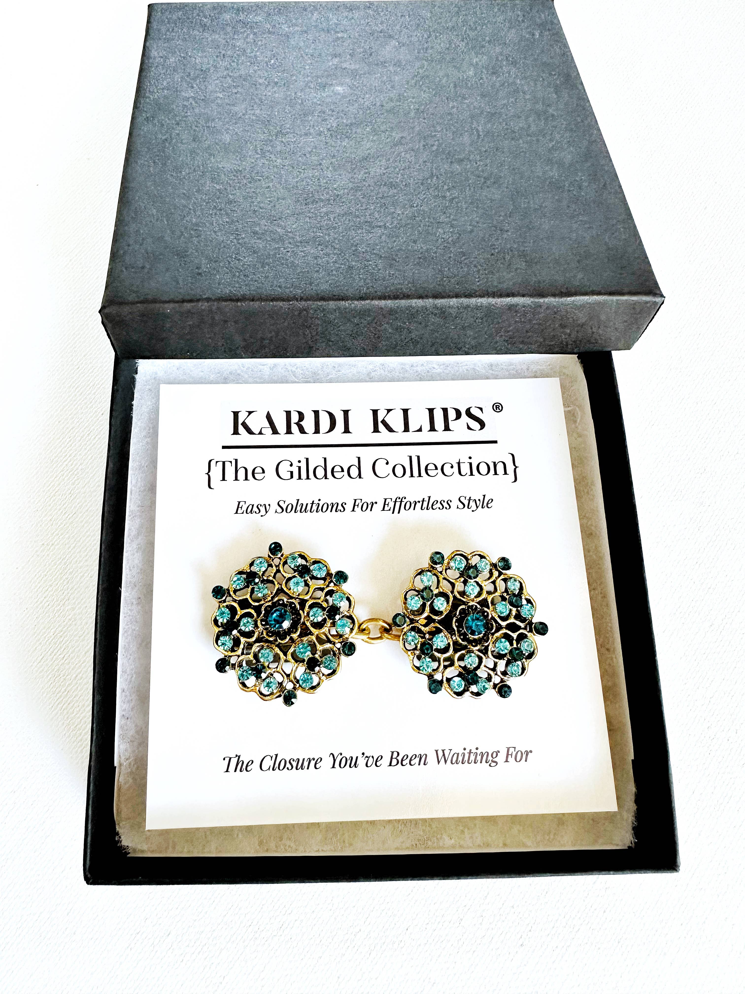 Blue & Gold Cinch Clip, Gilded Sweater Clasp KardiKlip