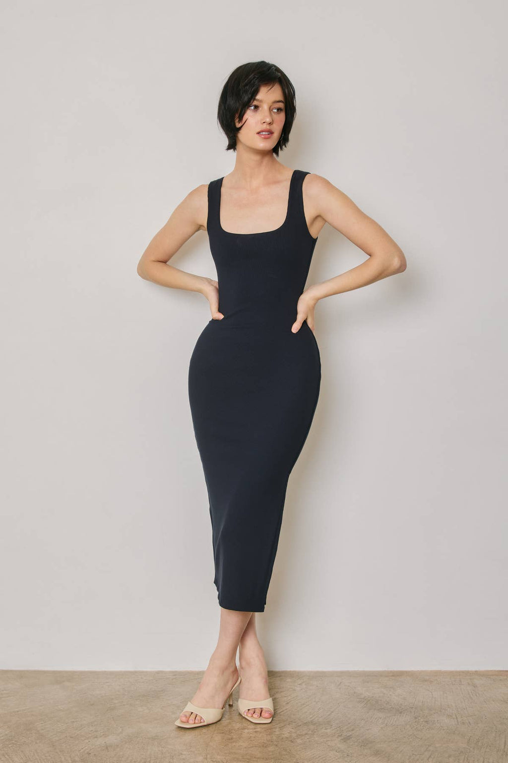 Ribbed Knit Square Neck Bodycon Midi Dress
