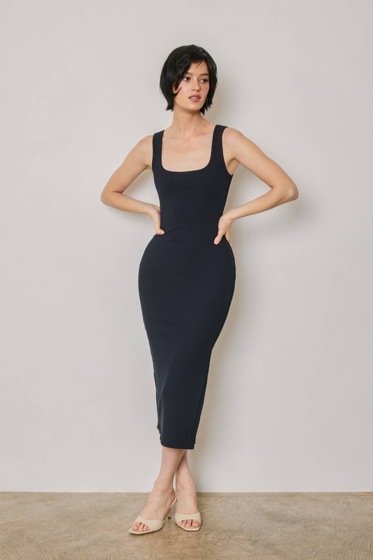 Ribbed Knit Square Neck Bodycon Midi Dress