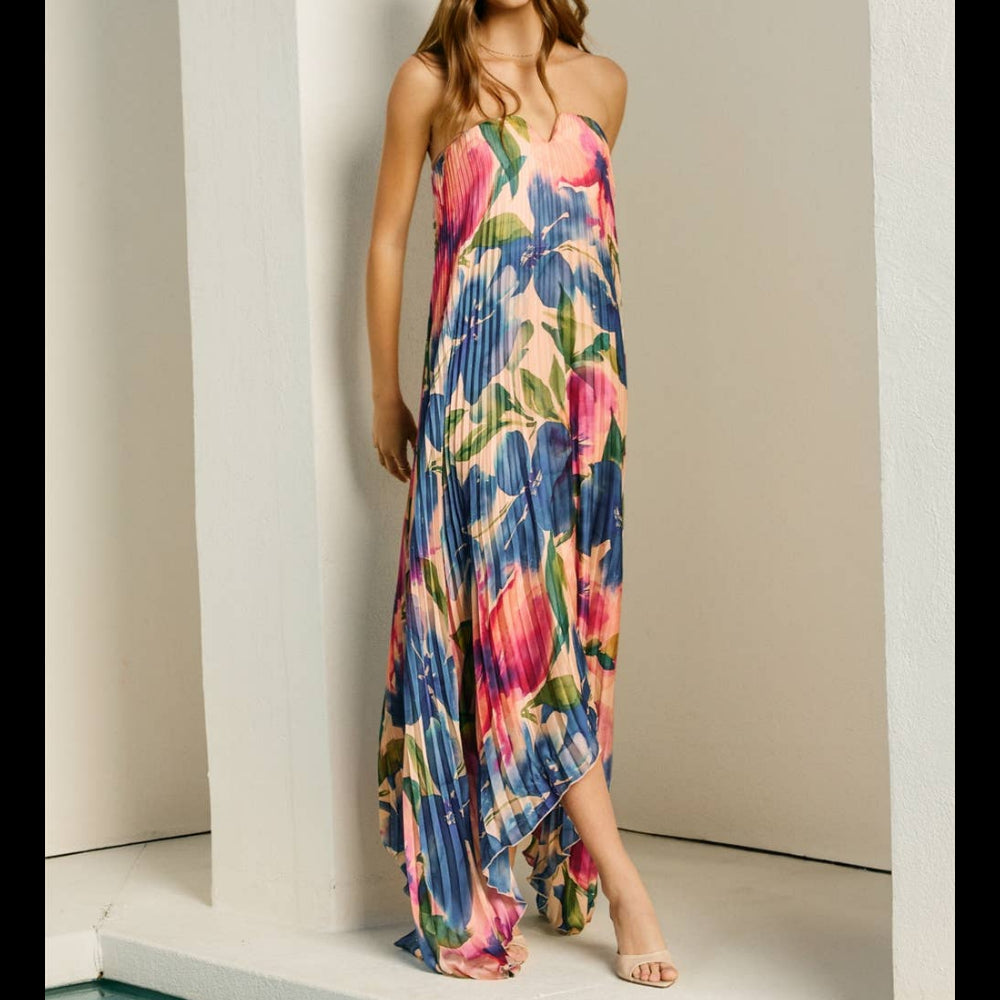 Floral Strapless Pleated Maxi Column Dress