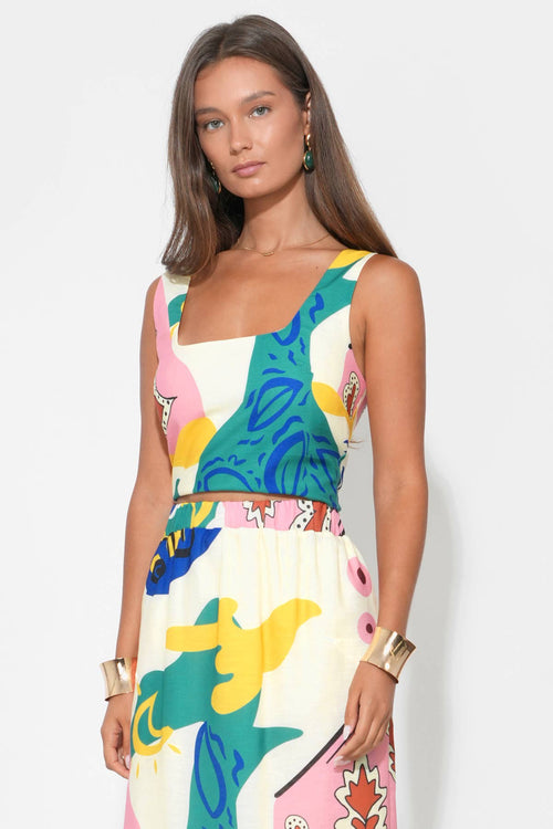 Cleo Square Neck Smocked Back Printed Top