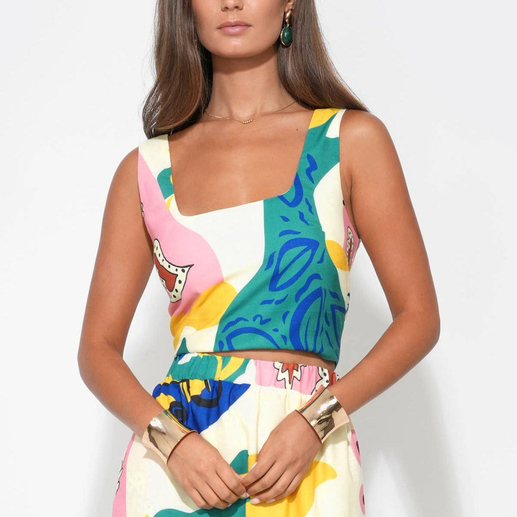 Cleo Square Neck Smocked Back Printed Top