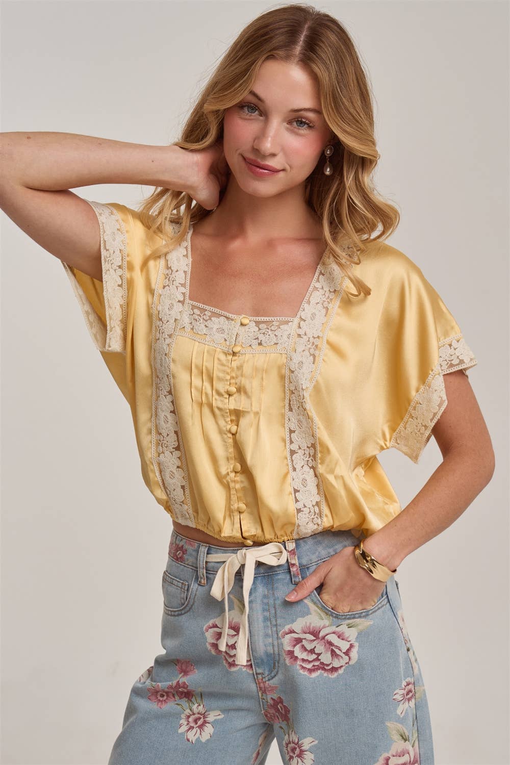 LACE TRIM SQUARE NECK SATIN BLOUSE TOP