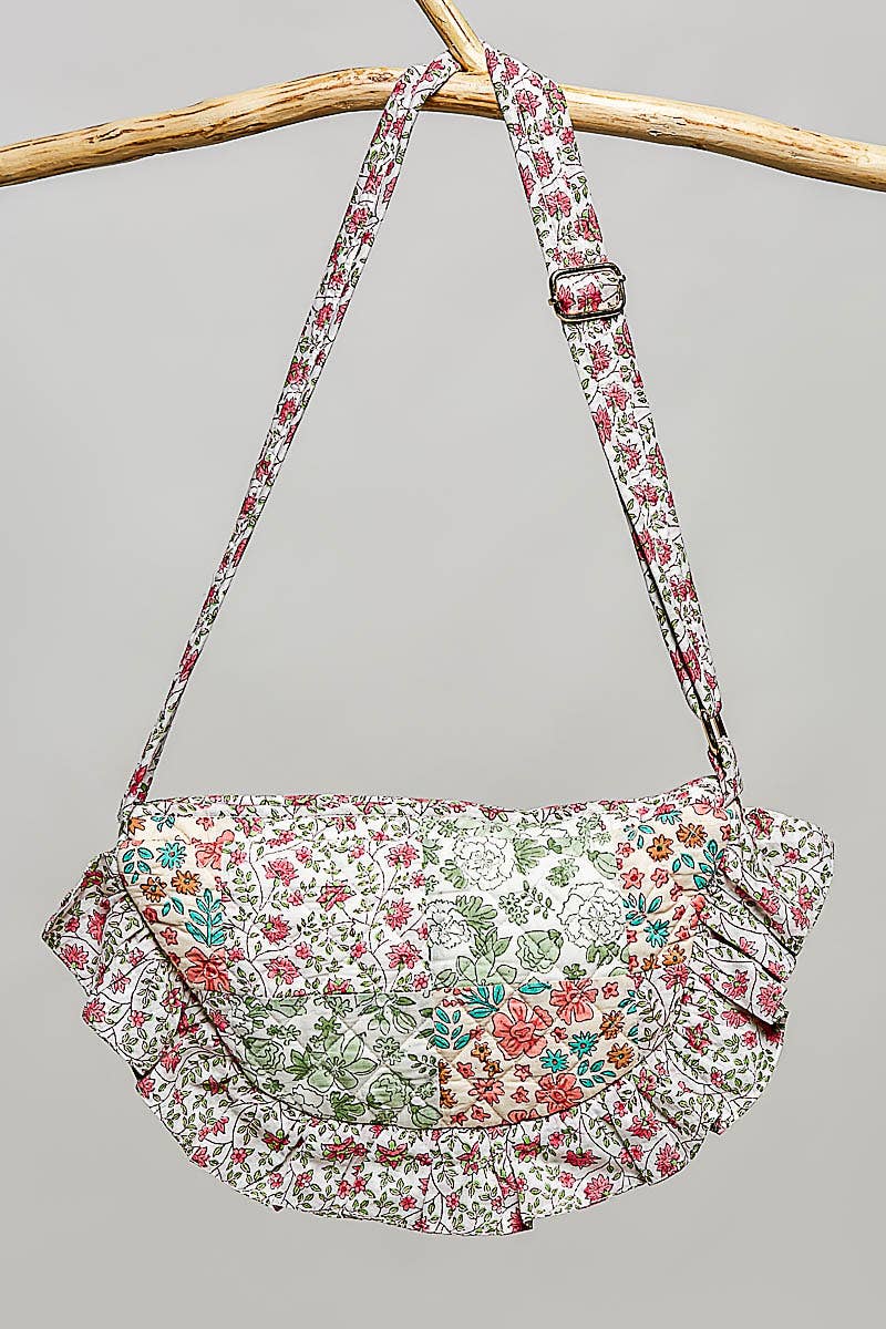 Half Moon Quilted Floral Ruffle Crossbody Bag