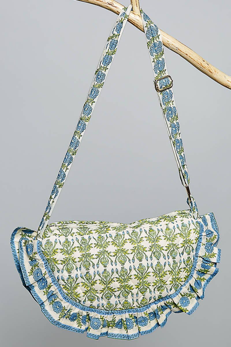 Half Moon Quilted Floral Ruffle Crossbody Bag