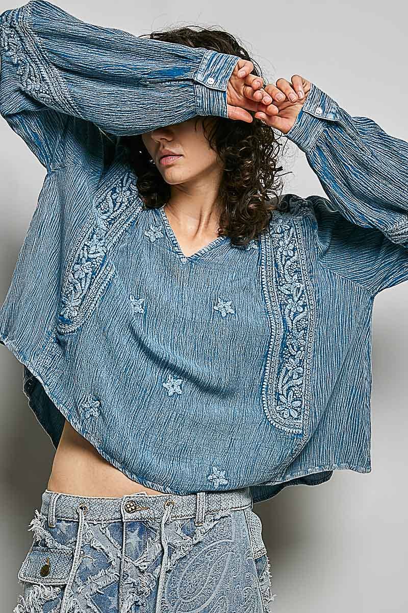 Vanessa V-neck Long Sleeve Floral Embroidered Cotton Woven Top