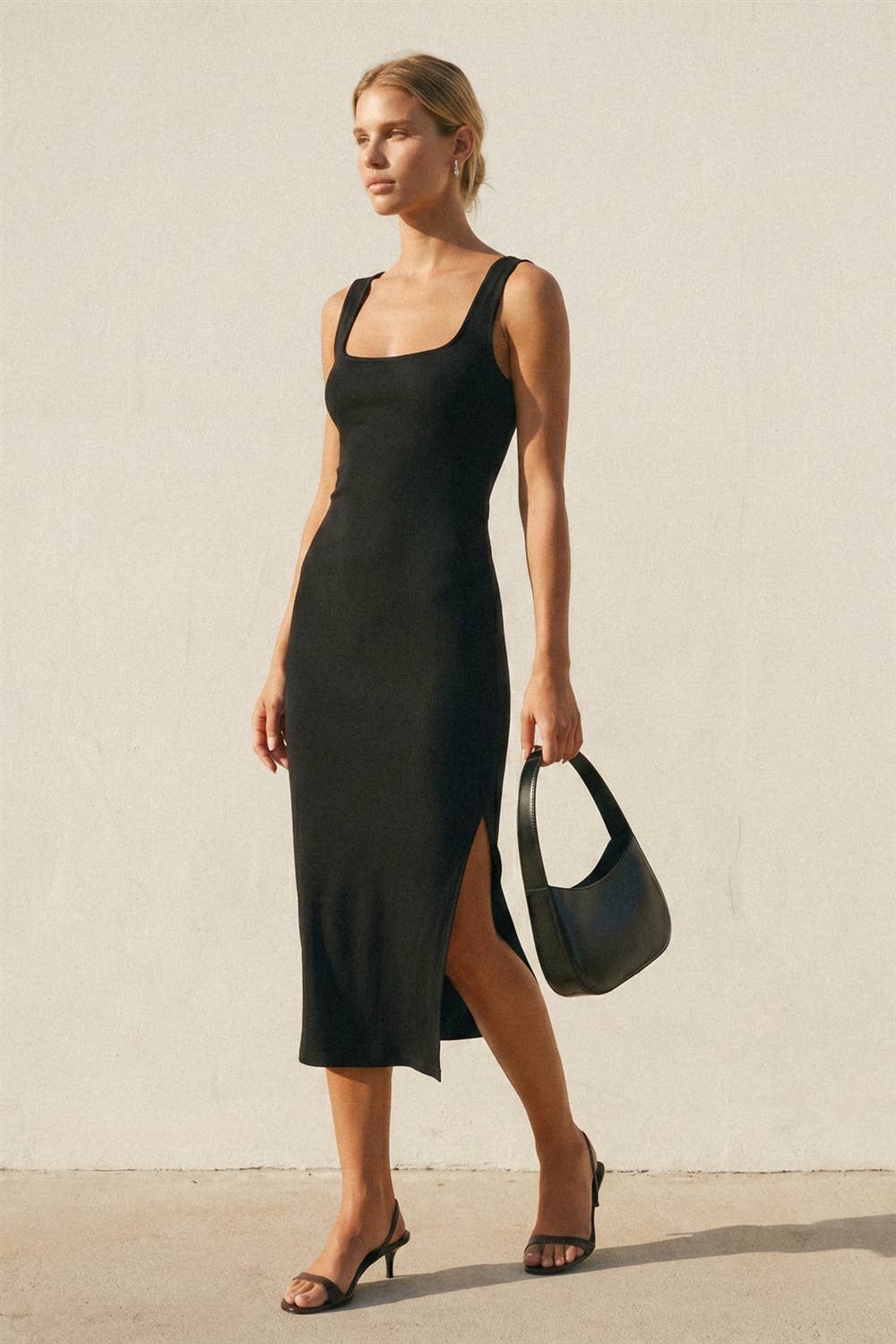 Ribbed Knit Square Neck Bodycon Midi Dress