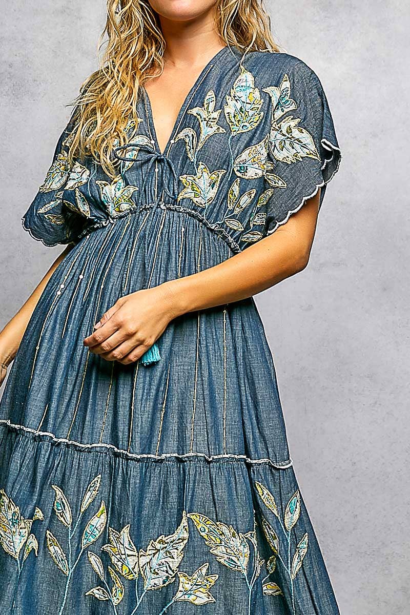 Embroidery Ruffle Neck Loop Cotton Denim V-neck Long Dress
