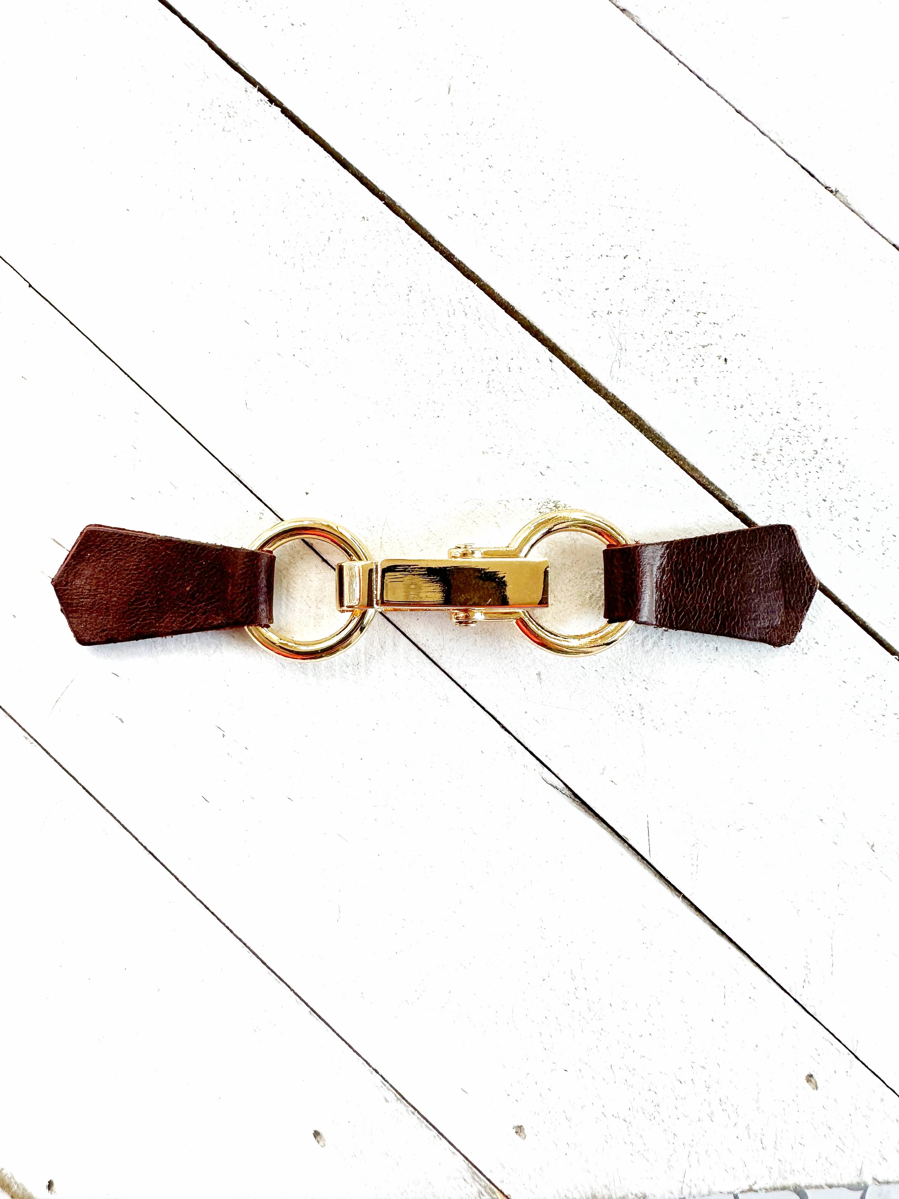 Gold Buckle & Brown Leather Cinch Clip for Dress, Cardigan – East Of These Gold Buckle & Brown Leather Cinch Clip for Dress, Cardigan – East Of These