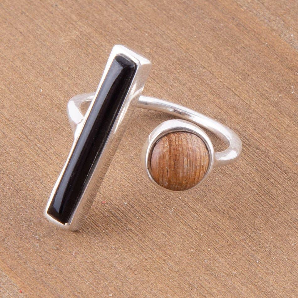 Wood and Onyx Size Adjustable Sterling Silver Ring