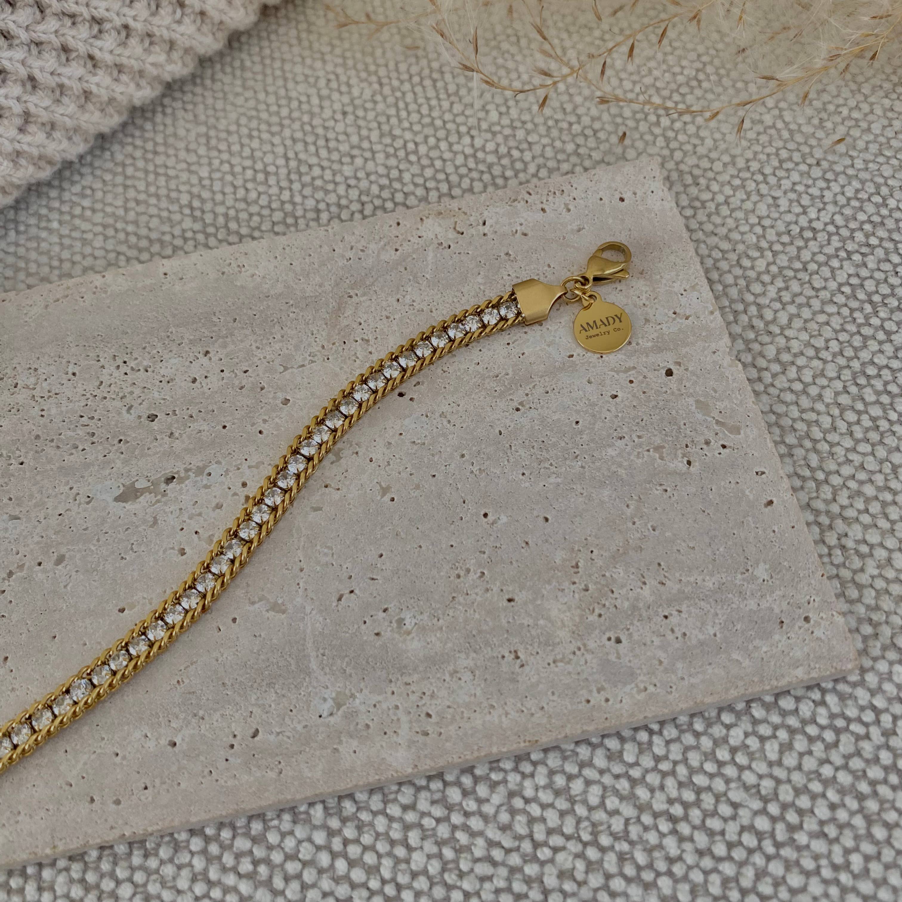 Braided chain and rhinestones tennis bracelet 18k GP