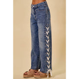 Mid Rise Straight Leg Denim Side Lace Up Jeans